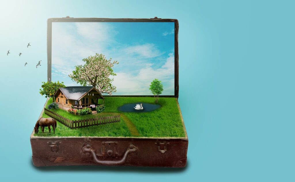 fantasy, suitcase, house, meadow, trees, lake, swan, flower background, horse, fence, heaven, miniature, nature, flower, flower wallpaper, surreal, imagination, landscape, home, plot, idyllic, sunny, clouds, to travel, dreams, holiday plans, seagulls, beautiful flowers, image montage, plot, plot, plot, plot, plot